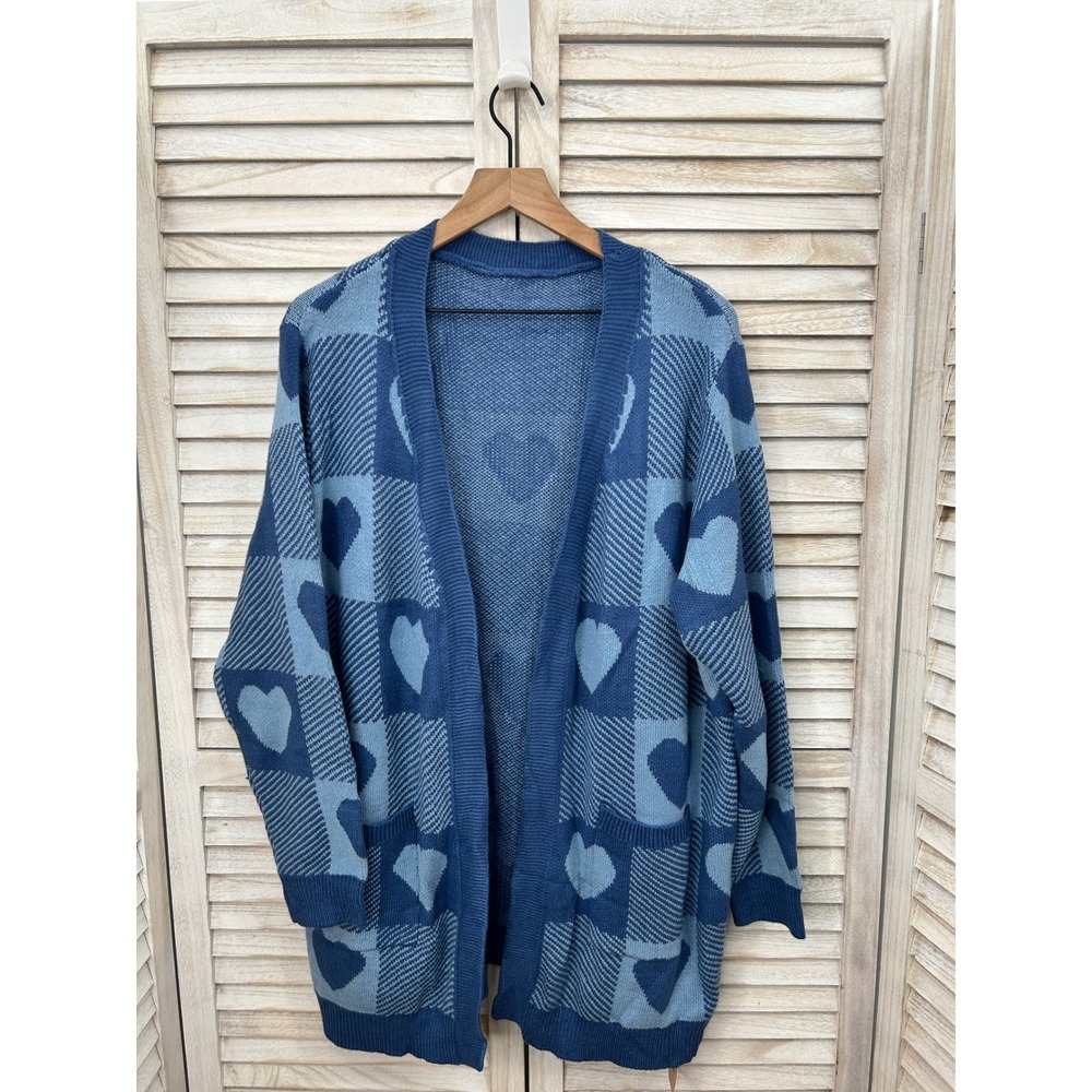 NWT BloomChic Heart Print Cardigan 18-20 2X Blue Womens Knit Sweater